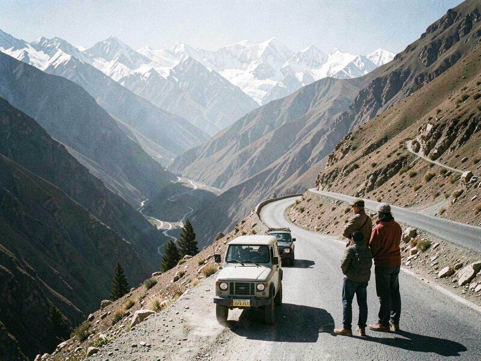 A winding mountain road above misty Himalayan valleys at golden hour