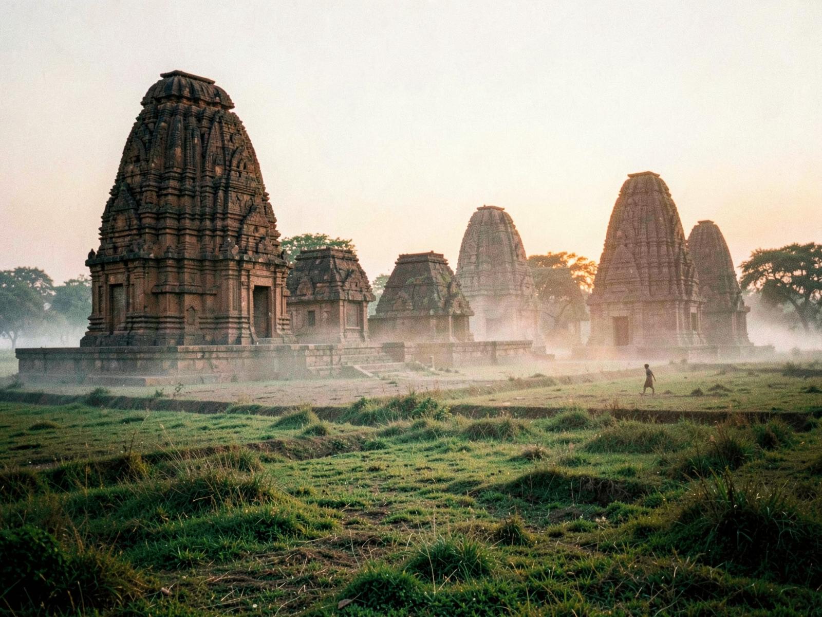 Carved stone temple tower catching early morning light in central India