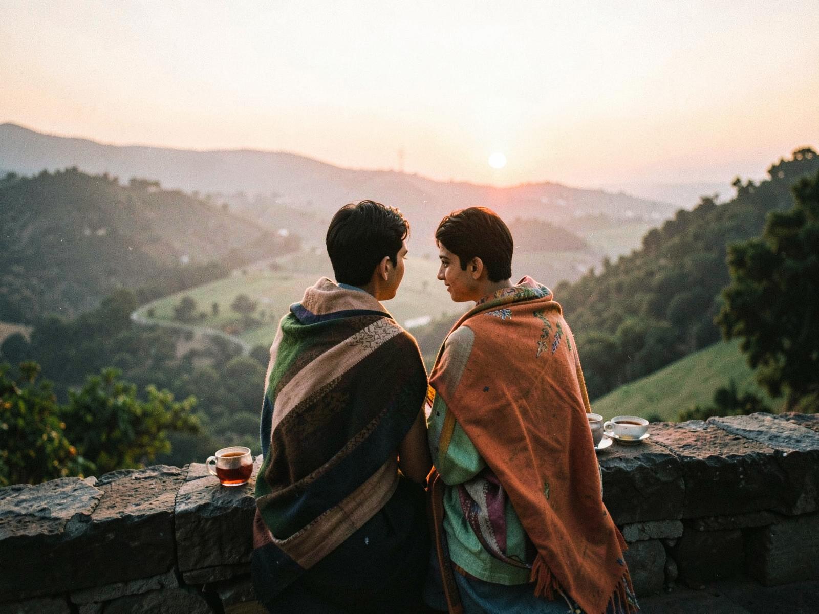 A couple wrapped in shawls watching sunset from a Himalayan viewpoint