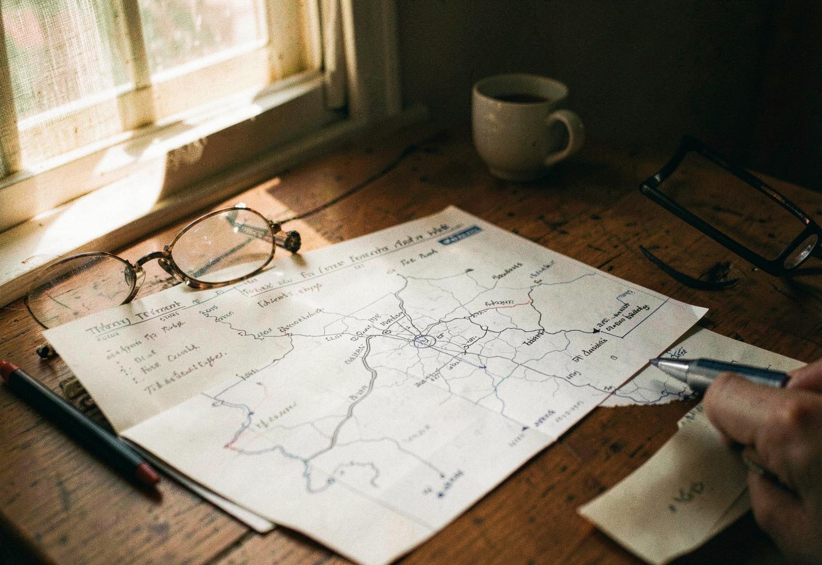 A hand-marked road map of India on a desk while a trip is being planned