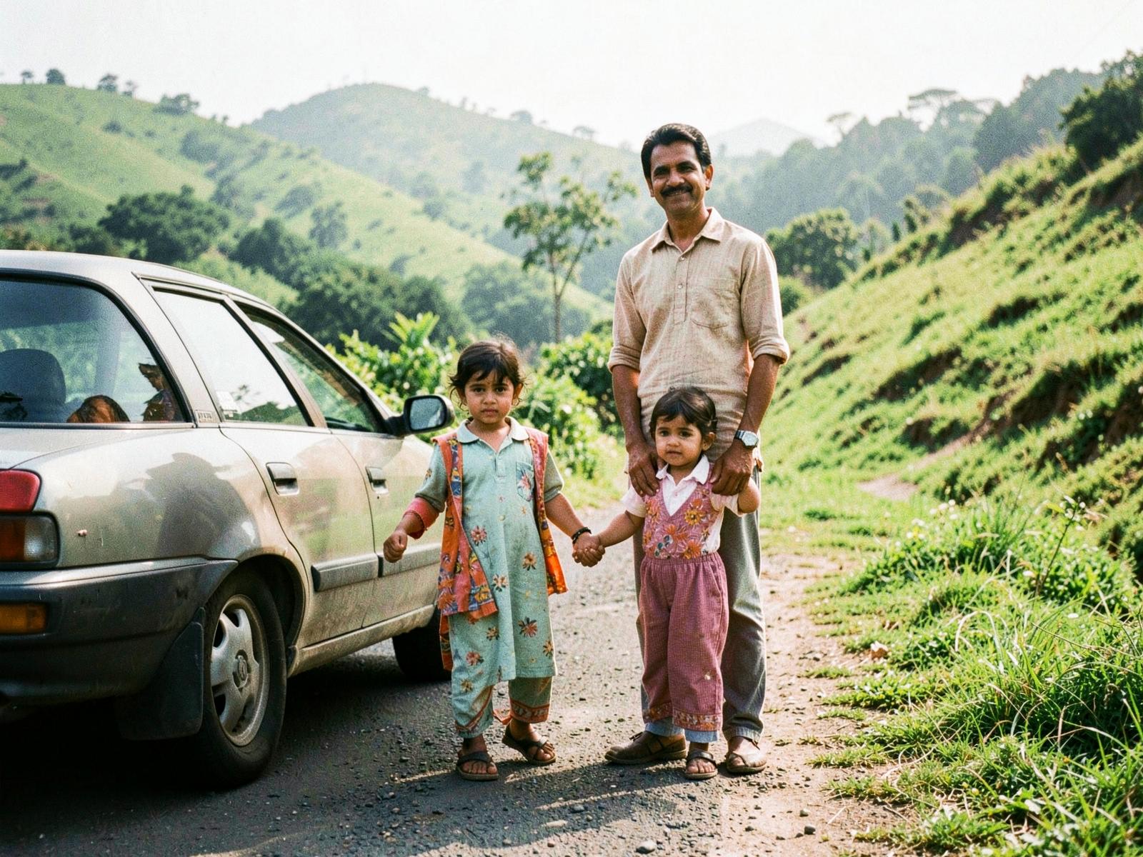 An Indian family with two children standing beside their car on a scenic hill road