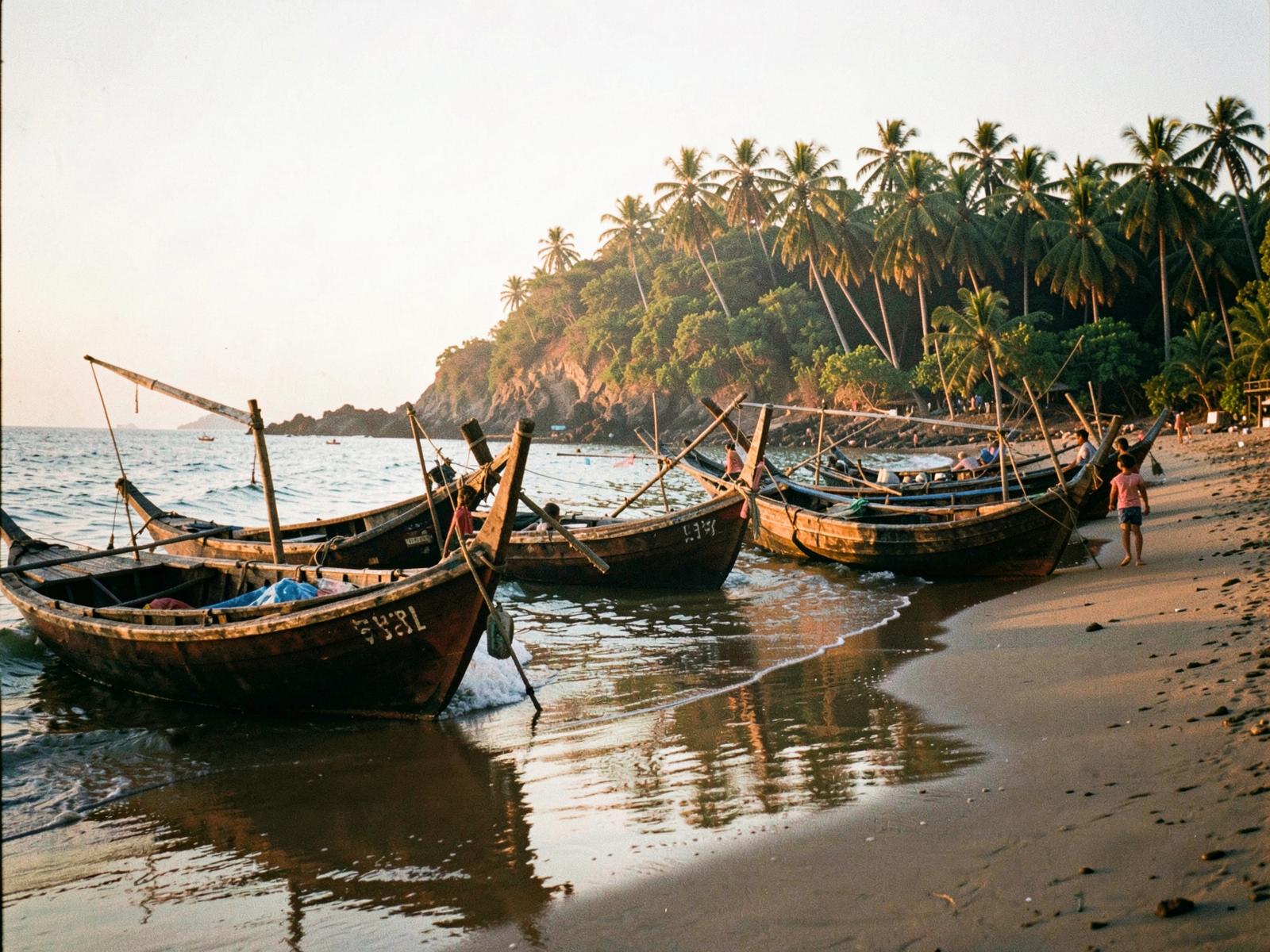 Wooden fishing boat on a Goa beach as the sun sets over the Arabian Sea