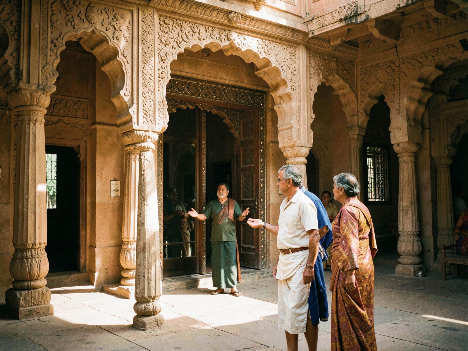 Carved sandstone palace courtyard with arches in warm light