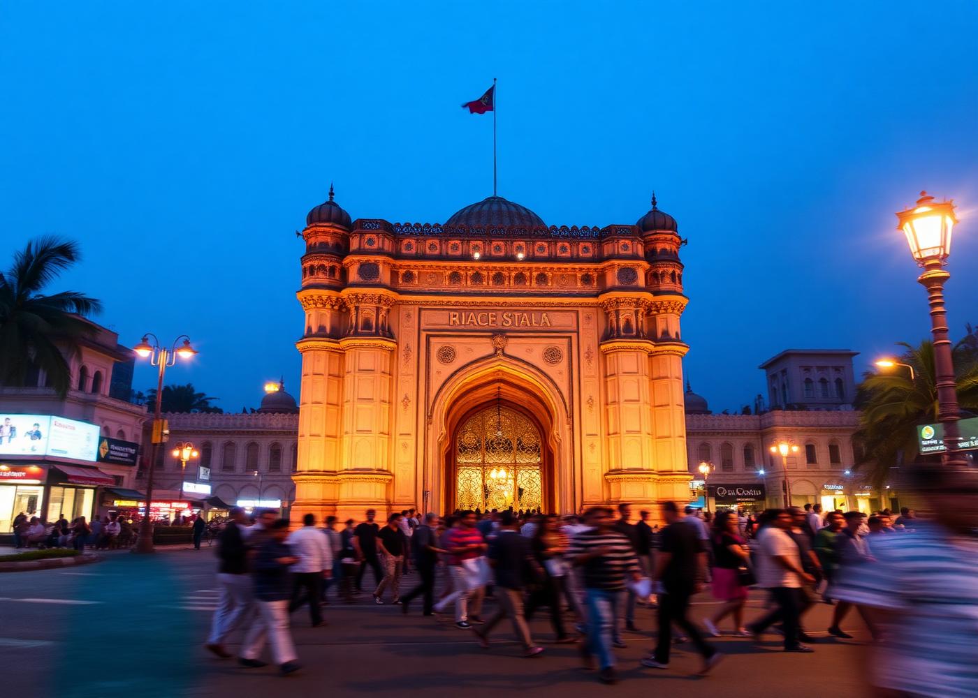 An illuminated historic monument in Hyderabad at dusk with a busy street