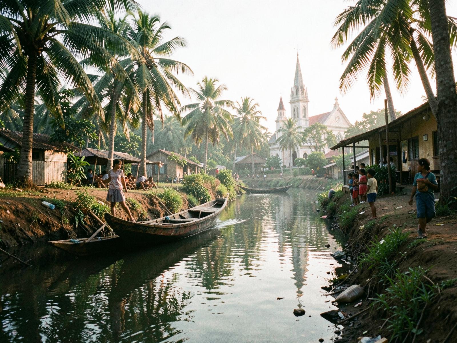 Houseboat on Kerala backwaters at dawn with palms reflected in the water
