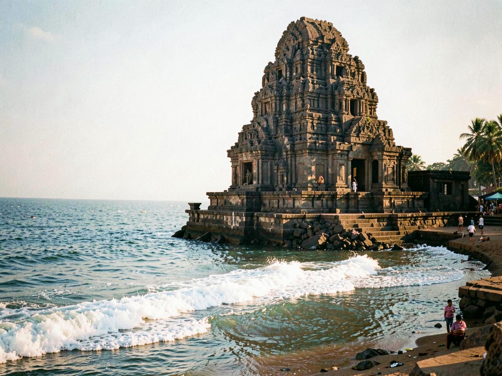 Ancient rock-cut stone monuments near the sea at Mahabalipuram