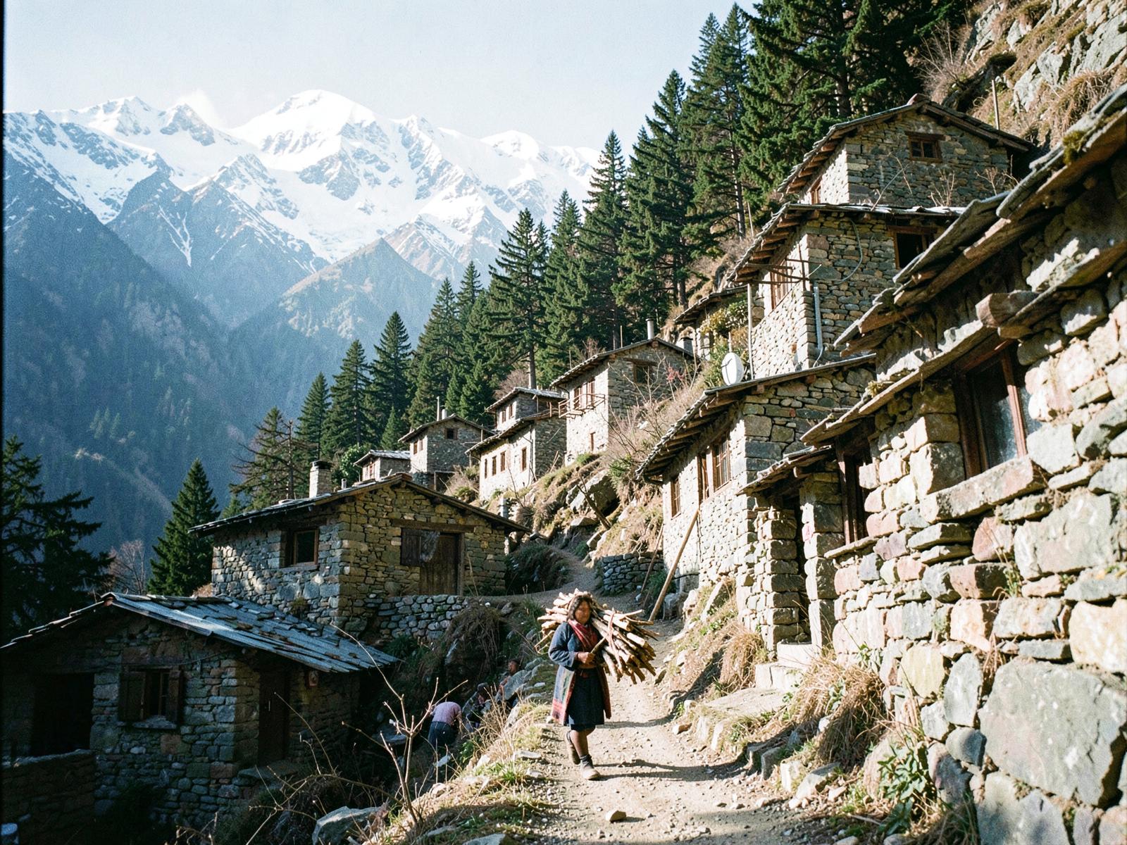 Mountain road curving above misty Himalayan valleys