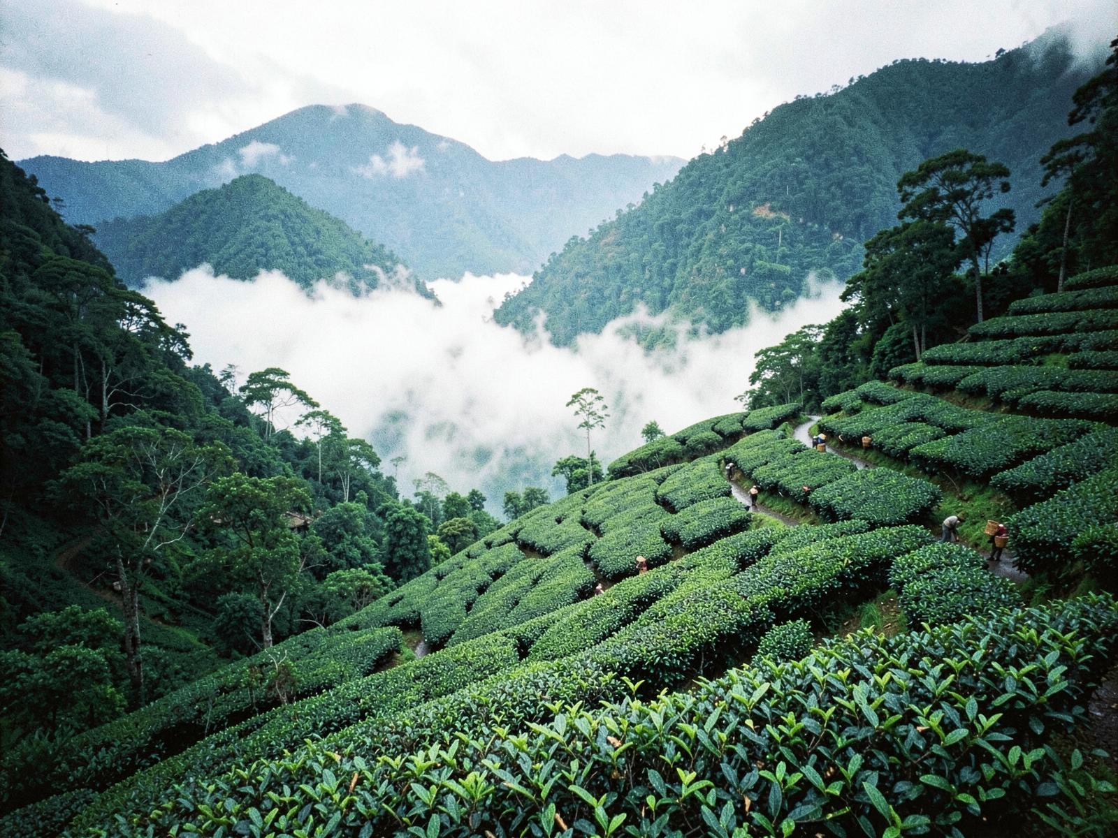 Rolling green tea plantation slopes in the hills with morning mist