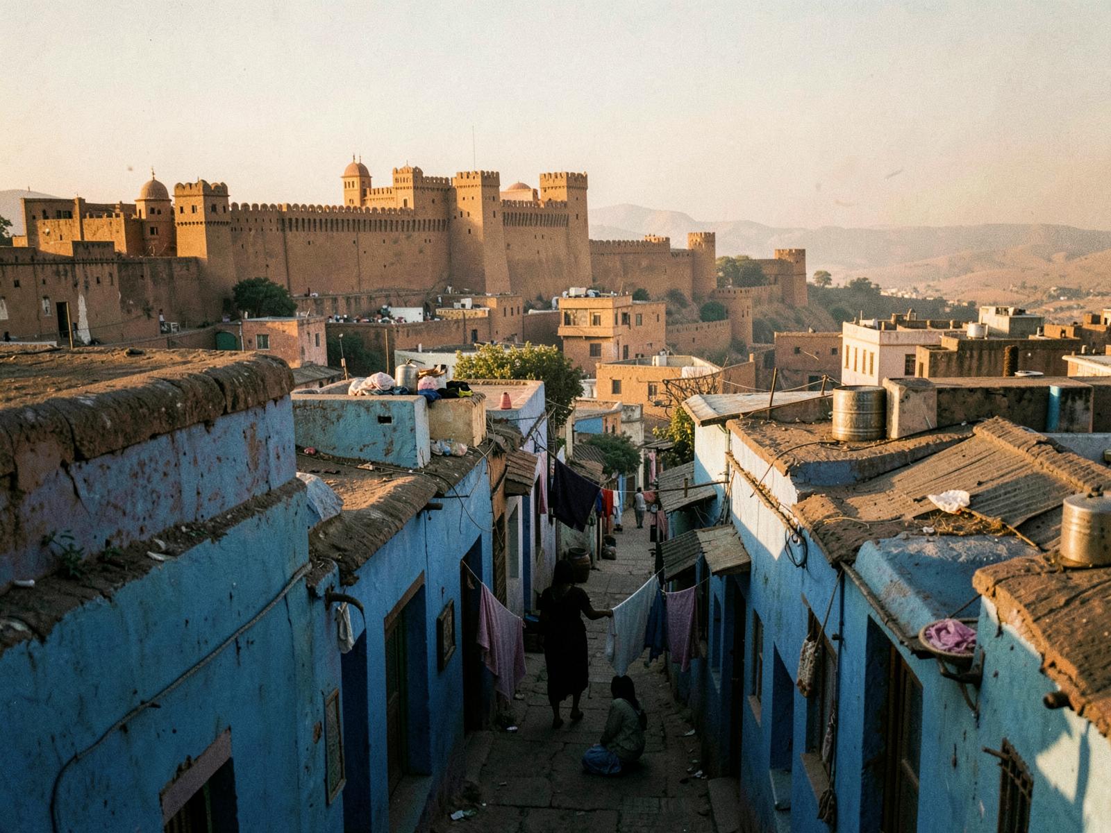 Sandstone palace courtyard with carved arches in Rajasthan, North India