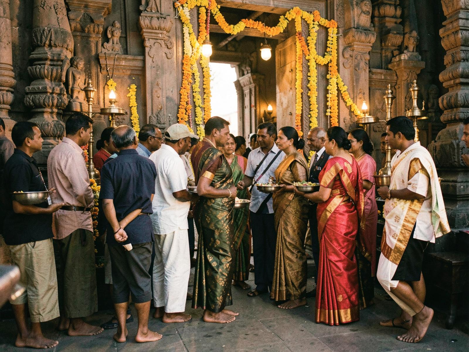 South Indian temple gopuram at dawn with devotees arriving