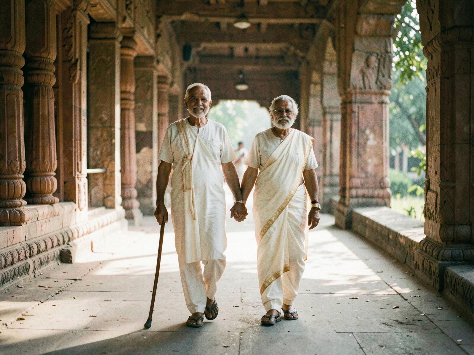 An elderly couple walking together at a heritage monument in soft morning light