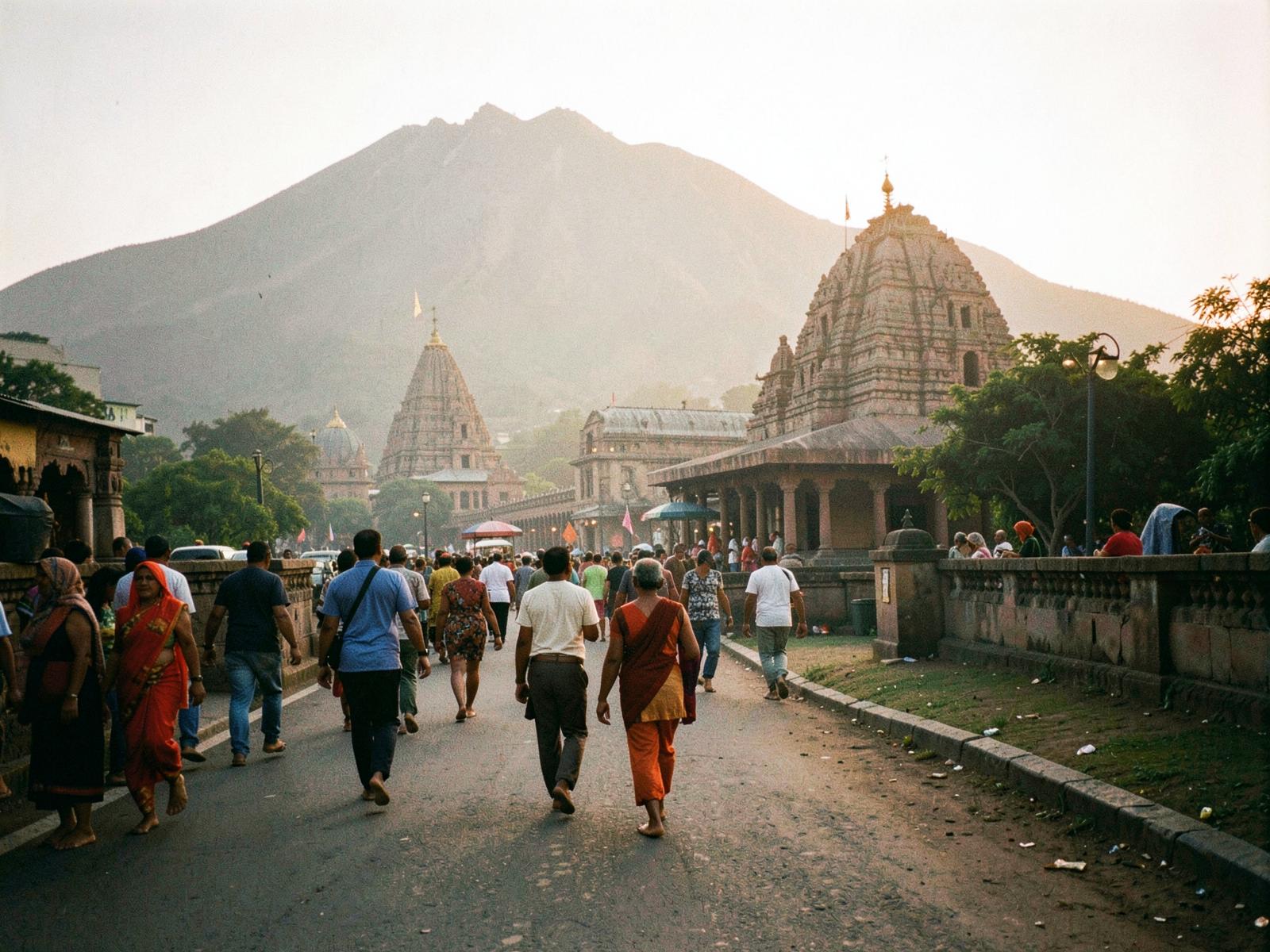Temple gopuram tower rising above a South Indian town at dawn