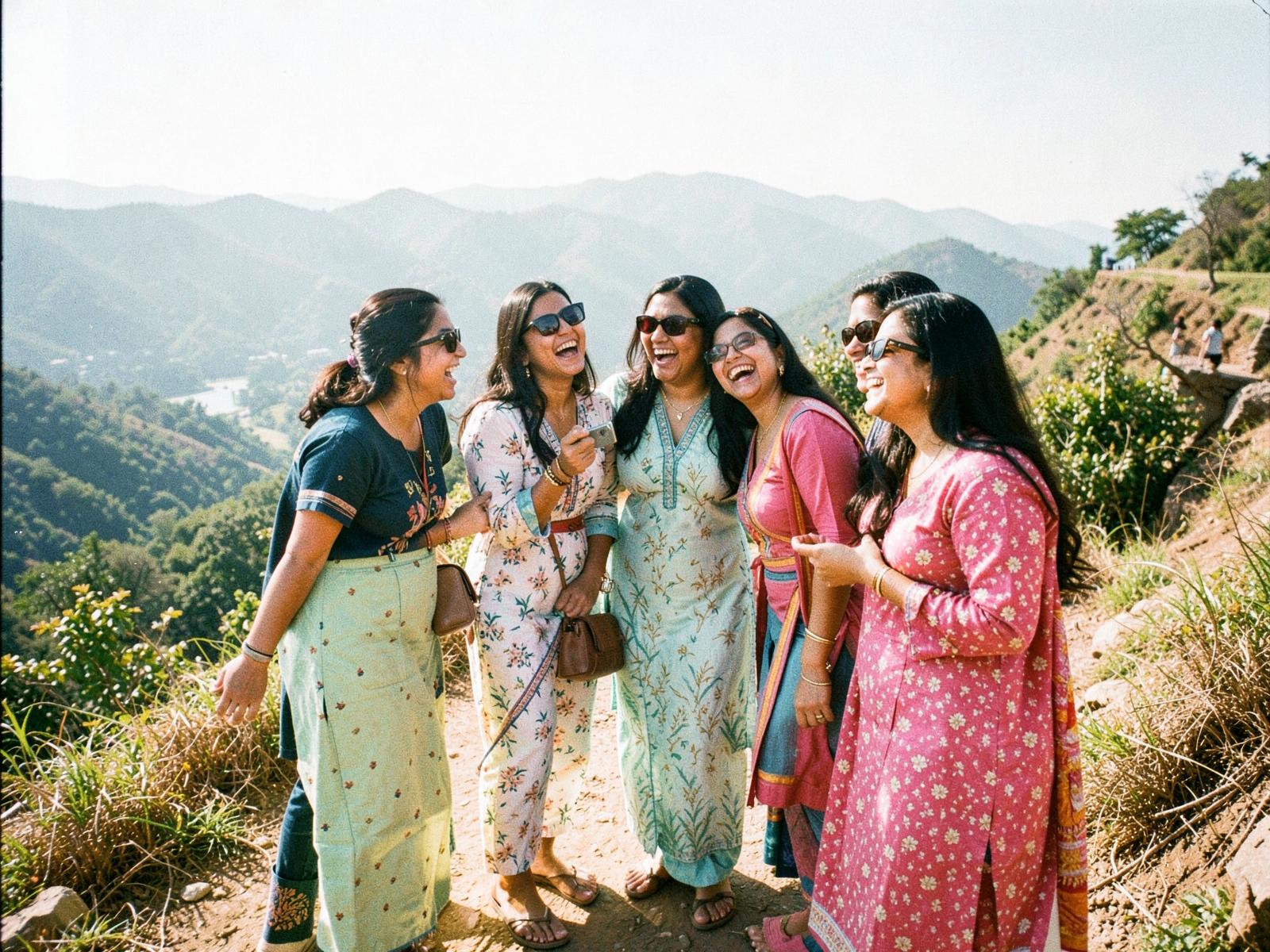 A group of women friends travelling together, laughing at a hillside viewpoint